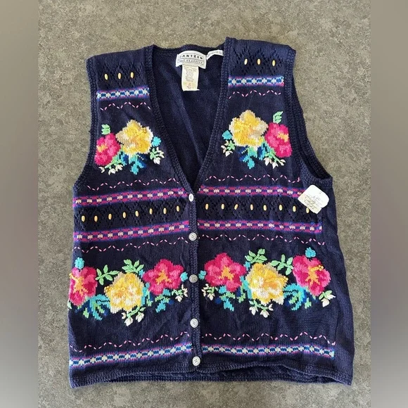 Vintage Jantzen hand embroidered Floral Button Down Cottagecore Vest - Picture 1 of 8